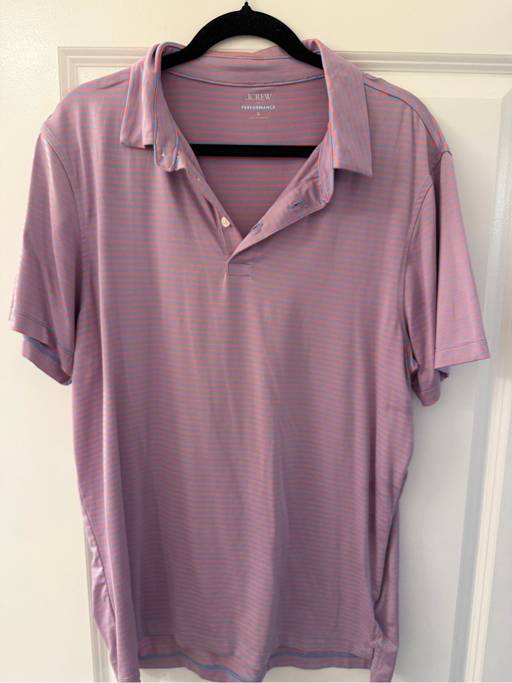 J. Crew Performance Pink and Light Blue Striped Polo